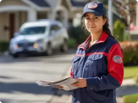 Mail carrier delivering marketing mail on a residential street